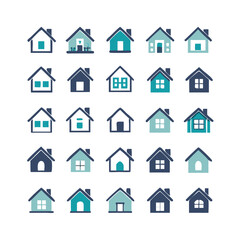 Web home icon set for websites and apps. Simple house symbol. Flat real estate sign. Main page pictogram in filled, thin line, outline and stroke style. Isolated illustration.

