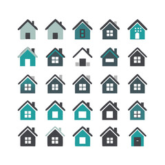 Web home icon set for websites and apps. Simple house symbol. Flat real estate sign. Main page pictogram in filled, thin line, outline and stroke style. Isolated illustration.
