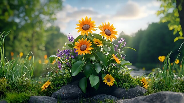 yellow and purple flowers in a black vase sitting on a rock in the middle of a grassy area