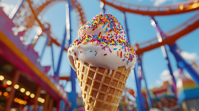 Sweet Treat at the Amusement Park: A tempting ice cream cone adorned with colorful sprinkles stands tall against a backdrop of amusement park rides.
