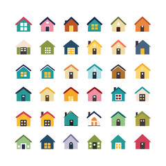 Web home icon set for websites and apps. Simple house symbol. Flat real estate sign. Main page pictogram in filled, thin line, outline and stroke style. Isolated illustration.
