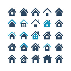 Web home icon set for websites and apps. Simple house symbol. Flat real estate sign. Main page pictogram in filled, thin line, outline and stroke style. Isolated illustration.
