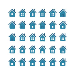 Web home icon set for websites and apps. Simple house symbol. Flat real estate sign. Main page pictogram in filled, thin line, outline and stroke style. Isolated illustration.
