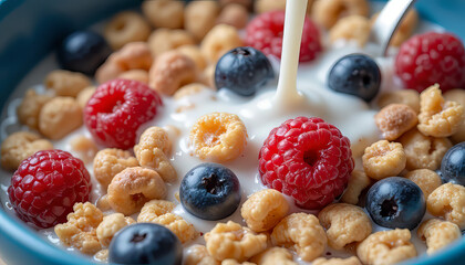 milk being poured over cereal with raspberries and blueberries in blue bowl