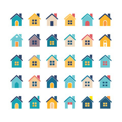 Web home icon set for websites and apps. Simple house symbol. Flat real estate sign. Main page pictogram in filled, thin line, outline and stroke style. Isolated illustration.
