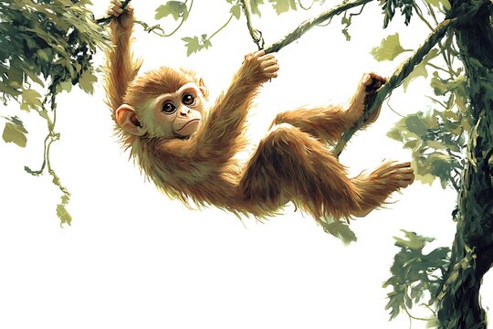 A cute baby monkey hanging upside down from a tree branch with green leaves in the background art