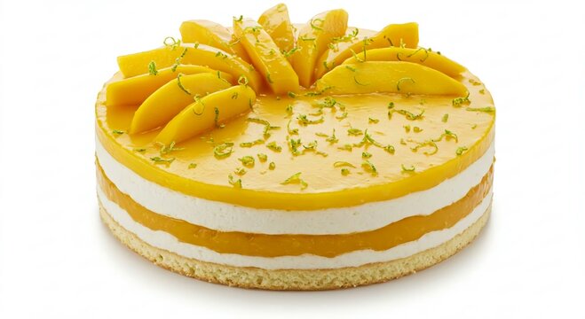 Delicious Layered Mango Cake Dessert with Fresh Mango Slices and Lime Zest Garnish
