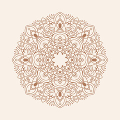 Elegant Boho Mandala Vector Line Art – Floral Decorative Pattern in Brown on Beige Background.