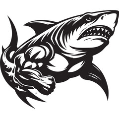 Aggressive Muscular Shark Mascot Illustration – Black and White Vector Art for Sports or Branding