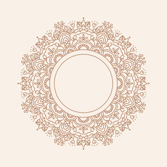 Elegant Boho Mandala Vector Line Art &ndash; Floral Decorative Pattern in Brown on Beige Background.