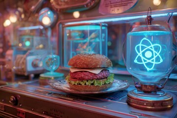 Futuristic Hamburger With Lettuce and Cheese in Vibrant Neon Kitchen Setting Featuring Scientific Decor and Retro Elements