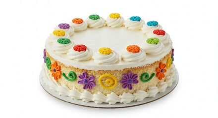 Delicious Birthday Cake Decorated with Colorful Flowers and Whipped Cream