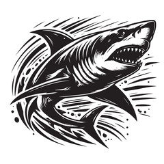 Modern Tribal Shark Vector Design – Fierce Black and White Illustration of an Aggressive Ocean Predator with Sharp Lines and Dynamic Motion – Ideal for Tattoo Art, Sports Team Branding, Streetwear Gra