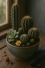 Arrangement of various cactus and succulent plants in a pot