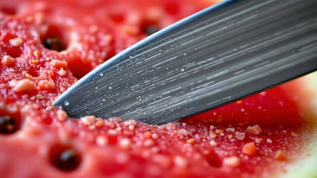 A sharp knife slicing through a juicy watermelon, focusing closely on the blade and fruit texture.
