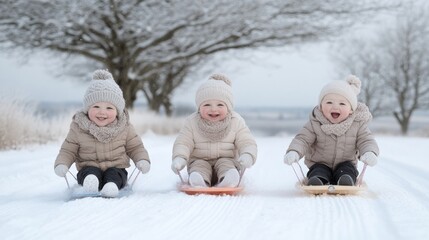 Obraz premium Joyful winter sledding adventure snowy field family fun winter wonderland child's eye view happiness and playfulness