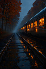 Fototapeta premium Train traveling through a misty forest at night