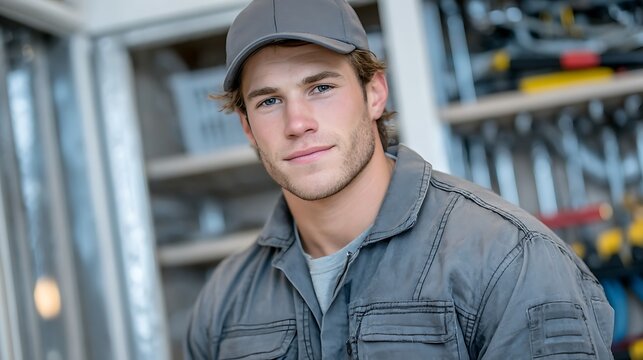 Confident young man wearing work clothes and cap poses indoors with tools and equipment behind him