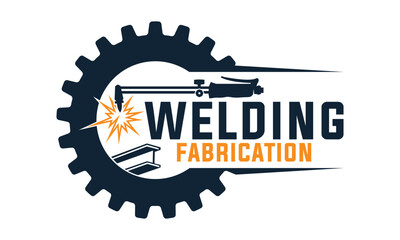 Steel fabrication logo design. Welding torch with steel beam in gear wheel vector design vector template