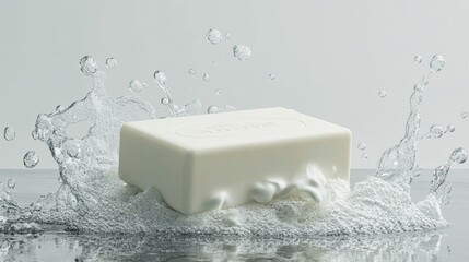 A bar of white soap sits nestled in a pile of foamy water splashes