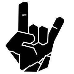 A hand making the "rock on" sign, illustrated in a bold black silhouette style.