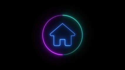 A vibrant neon home icon lit within a glowing circle with gradient color scheme isolated on a black background for digital design purposes