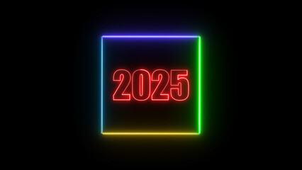 Vibrant neon illustration displaying the year 2025 within a multicolored glowing square against a sleek black background representing futuristic concepts and digital designs.