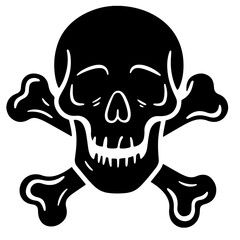 A skull and crossbones illustration in a bold, black silhouette style.