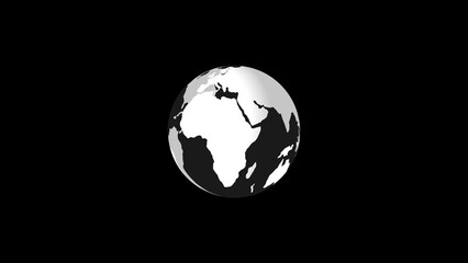 A simple illustration of a globe representing earth in a black and white modern minimalist style against a solid black background