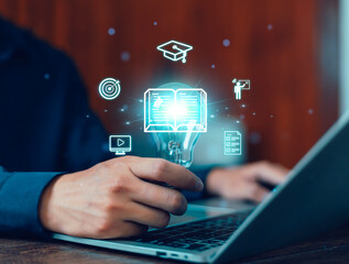 Man holding light bulb on virtual screen. Online education concept. Choose the correct answer. Online digital technology concept. Internet learning training course. Digital.