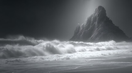 Dramatic monochrome ocean waves crashing against a rugged coastline under a spotlight effect
