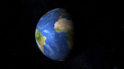 Realistic 3d rendering of planet earth showing continents oceans and atmosphere rotating in outer space against a starry black background