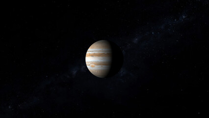 A realistic 3d rendering of jupiter displaying atmospheric bands and detailed textures against a starry black backdrop in space © Maka