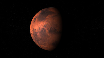 Realistic render of mars showing detailed surface features against a starry black background a beautiful planet in outer space exploration