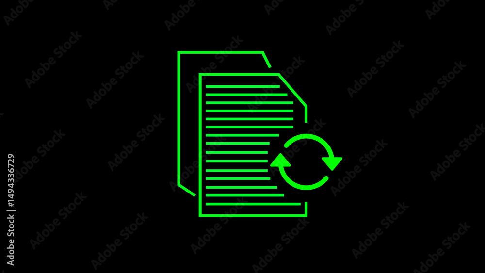 Poster conceptual image of data synchronization represented by green documents and circular arrows against 