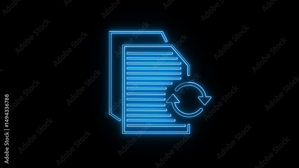 Poster illuminated neon document refresh icon representing update process information management and data s