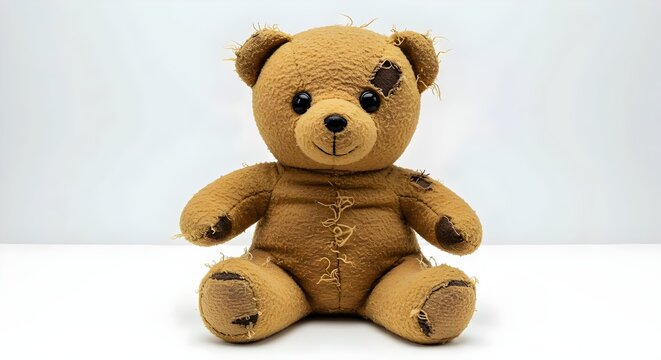an isolated teddy bear stuffie plush plushie stuffed animal toy that is dirty and old ripped and falling apart,  worn, vintage, damaged, torn, tattered, frayed, broken, aged, distressed, shabby, beat - Powered by Adobe