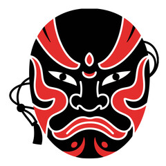 A stylized mask illustration in black and red, depicting a fierce expression.