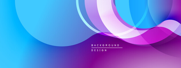 Abstract background features flowing shapes, vibrant blues, purples, pinks. Modern design with layered translucent elements.