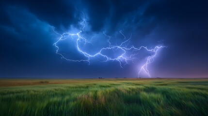Dramatic thunderstorm with intense lightning strikes over a vast green field landscape at night