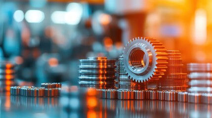 Close-Up of Precision Metal Gears and Cogwheels in Industrial Workshop Environment with Soft Lighting Effects