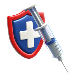 A syringe is angled next to a shield with a white medical cross, symbolizing protection and healthcare.