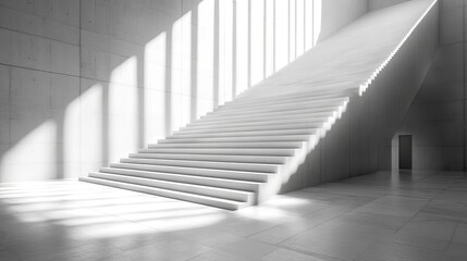 Obraz premium Modern, minimalist interior featuring a grand staircase bathed in sunlight, creating shadows. Concrete walls