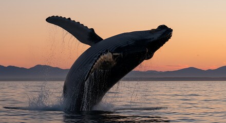 Obraz premium Majestic Humpback Whale Breaching at Sunset