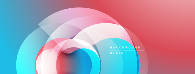Abstract design features overlapping translucent circles. Colors transition from blue to red. Minimalist style, modern aesthetic.