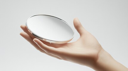A hand holds a round, blank mirror