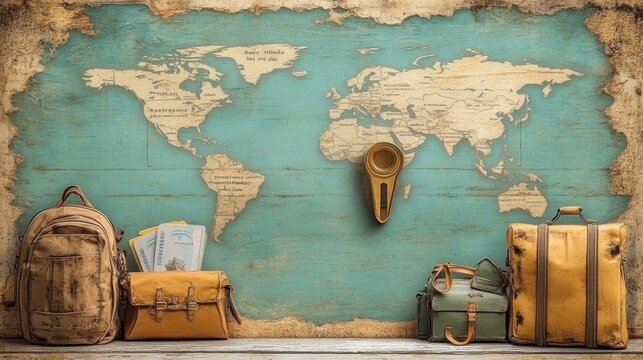 Exploring adventure destinations through vintage travel gear world map art travel planning cozy environment overhead view wanderlust