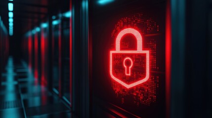 Digital security concept with illuminated lock symbol in data center, representing cybersecurity and protection measures