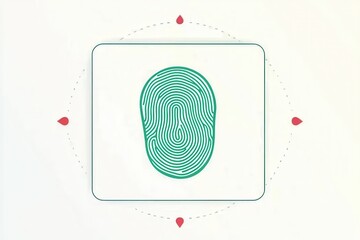 Minimalist illustration of a fingerprint inside a square, surrounded by red dots on a white background.