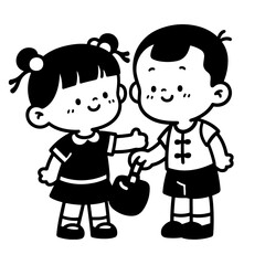 A girl gives a boy a gift in a black and white illustration.